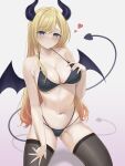  1girl absurdres ass_visible_through_thighs bikini black_bikini black_horns black_thighhighs blonde_hair blue_eyes blush breasts closed_mouth commentary demon_girl demon_horns demon_tail demon_wings halterneck heart highres hololive horns kneeling large_breasts long_hair navel nekorone0222 raised_eyebrows revision skindentation smile solo stomach string_bikini sweat swimsuit tail thighhighs thighs very_long_hair virtual_youtuber wet wings yuzuki_choco 