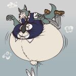  2021 absurd_res air_inflation anthro beastars belly big_belly bodily_fluids bottomwear canid canine canis claws clothing dress_shirt duo eggo21 female footwear fur grey_body grey_fur haru_(beastars) hi_res holding_breath hyper hyper_belly inflation lagomorph legoshi_(beastars) leporid looking_down male mammal mostly_offscreen_character navel necktie outie_navel pants rabbit rabbit_ears school_uniform shirt shoes straining_buttons string sweat tight_clothing topwear uniform white_body white_fur wolf 