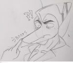  anthro boop clothed clothing dinosaur eye_scar facial_scar headshot_portrait loansharkmann long_snout looking_at_viewer male mature_male monochrome nose_boop portrait pterodactylus pterosaur reptile ripley_(snoot_game) scalie scar sketch snoot_game_(fan_game) snout solo tired_eyes traditional_media_(artwork) video_games 