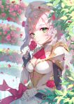  1girl armor armored_dress ascot bangs blush braid breasts cleavage closed_mouth commentary_request dress flower french_braid gauntlets genshin_impact gold_trim green_eyes grey_hair harushio highres holding holding_flower leaf looking_at_viewer medium_breasts noelle_(genshin_impact) outdoors petals plant red_ascot red_flower red_rose rose rose_petals short_hair shoulder_armor sidelocks smile solo sunlight white_dress white_headwear 