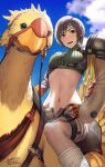  1girl armor artist_name beak black_hair blue_sky blush breasts bridle brown_eyes brown_hair brown_shorts chocobo cloud commentary cropped_sweater final_fantasy final_fantasy_vii final_fantasy_vii_remake fingerless_gloves fishnet_thighhighs fishnets forehead_protector gloves green_sweater headband highres leg_warmers light_blush midriff navel nose_blush open_clothes open_fly open_mouth open_shorts outdoors pauldrons ribbed_sweater riding sgk short_hair short_shorts shorts shoulder_armor signature single_bare_shoulder single_pauldron single_sleeve sky sleeveless sleeveless_turtleneck sleeveless_turtleneck_crop_top smile socks sweater thighhighs turtleneck unzipped white_socks yuffie_kisaragi 