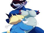  2022 anthro armor belly belly_grab belly_squish big_belly big_breasts blue_body blush bodily_fluids breasts claws duo emanata embarrassed english_text featureless_breasts female generation_5_pokemon glistening grey_body headgear helmet hi_res hisuian_form hisuian_samurott horn japanese_text mokeee57 motion_lines navel nintendo nude overweight pokemon pokemon_(species) regional_form_(pokemon) samurott squish sweat sweatdrop text thick_thighs video_games whiskers white_body 