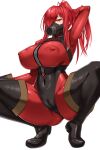  1girl akitsuki_karasu bangs black_footwear bodysuit boots breasts cameltoe covered_navel covered_nipples gas_mask highres large_breasts long_hair looking_at_viewer mask ponytail red_bodysuit red_eyes red_hair solo squatting thigh_boots zipper 