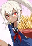  1girl azur_lane bangs black_sailor_collar black_skirt blonde_hair blue_shirt blush breasts closed_mouth commentary_request crossed_bangs dark-skinned_female dark_skin expressionless facepaint food food_in_mouth french_fries hair_between_eyes high_ponytail holding holding_food houshi incoming_food long_hair looking_at_viewer medium_breasts minneapolis_(azur_lane) minneapolis_(wild_huntress_schoolgirl)_(azur_lane) neckerchief official_alternate_costume red_eyes red_neckerchief sailor_collar school_uniform serafuku shirt skirt solo upper_body very_long_hair 