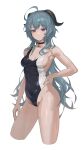  1girl absurdres ahoge alternate_costume bangs bare_arms bare_shoulders bell black_choker black_one-piece_swimsuit blue_hair breasts choker closed_mouth collarbone competition_swimsuit covered_navel cropped_legs crossed_bangs expressionless ganyu_(genshin_impact) genshin_impact goat_horns gradient_eyes groin hand_on_hip hand_on_own_thigh highleg highleg_swimsuit highres horns long_hair looking_at_viewer medium_breasts multicolored_eyes neck_bell one-piece_swimsuit purple_eyes sideboob sidelocks simple_background solo swimsuit thighs two-tone_swimsuit white_background white_one-piece_swimsuit zutsuyaku 