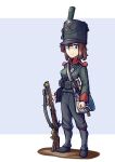  1girl baker_rifle belt blue_eyes boots british_army brown_hair green_jacket gun hat highres holding holding_gun holding_weapon holster holstered_weapon jacket military military_hat military_uniform saber_(weapon) sharpe_(series) solo sword uniform warriordesu weapon 