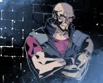  1boy bald beard brick_wall cofffee cowboy_bebop crossed_arms eyepiece facial_hair jet_black looking_at_viewer male_focus muscular muscular_male pilot_suit prosthesis prosthetic_arm red_shirt scar scar_across_eye shirt sideburns solo torn_clothes upper_body 