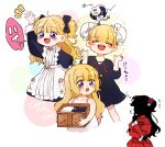  2girls apron bangs black_hair black_skin blonde_hair blue_bow blue_dress blue_eyes blunt_bangs blush bow colored_skin double_bun dress emilico_(shadows_house) flower hair_bow hair_bun hair_flower hair_ornament hanasaki_nm kate_(shadows_house) long_hair long_sleeves multiple_girls open_mouth pan-chan_(shadows_house) puffy_sleeves red_dress shadow_(shadows_house) shadows_house smile two_side_up white_apron 