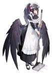  1girl albedo_(overlord) alternate_costume alternate_hairstyle apron bangs black_footwear black_wings blush bow breasts broom collared_dress dress enmaided frills hair_bow highres holding holding_broom horns large_breasts long_hair long_sleeves looking_at_viewer maid maid_apron maid_headdress overlord_(maruyama) ponytail red_bow shiny shiny_hair shoes simple_background smile solo tsugu0302 white_apron white_background wings 