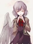  1girl absurdres bird_wings bow bowtie braid brooch brown_jacket closed_eyes collared_shirt feathered_wings french_braid grey_hair highres jacket jewelry kishin_sagume long_sleeves lucky_chicken medium_hair purple_shirt purple_skirt red_bow red_bowtie shirt single_wing skirt smile solo touhou white_wings wings 
