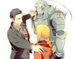  3boys alphonse_elric armor blonde_hair braid brothers coat copyright_name echo_(circa) edward_elric fullmetal_alchemist glasses maes_hughes male_focus multiple_boys ponytail siblings simple_background smile white_background 
