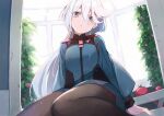  1girl :o asticassia_school_uniform blue_jacket blue_shorts eatos english_commentary grey_eyes grey_hair gundam gundam_suisei_no_majo hair_between_eyes jacket long_hair looking_at_viewer miorine_rembran pantyhose pantyhose_under_shorts school_uniform shorts solo thighs tomato tomato_plant white_background white_hair window 