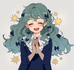  1girl bangs barbie_(shadows_house) blue_dress blush closed_eyes curly_hair dress freckles green_hair hair_between_eyes hanasaki_nm long_hair open_mouth own_hands_together shadows_house sidelocks smile solo upper_body 