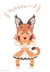  1girl animal_costume animal_ear_fluff animal_ears belt bow bowtie caracal_(kemono_friends) caracal_ears coroha elbow_gloves extra_ears gloves irasutoya kemono_friends kemono_friends_v_project kneehighs long_hair looking_at_viewer microphone multicolored_hair open_mouth orange_hair shirt shoes simple_background skirt sleeveless sleeveless_shirt smile socks solo tail virtual_youtuber 