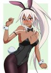  1girl alternate_costume animal_ears azur_lane bangs black_bow black_bowtie black_leotard black_pantyhose blush bodypaint bow bowtie breasts bunny_day cape cleavage commentary_request cowboy_shot crossed_bangs dark-skinned_female dark_skin detached_collar facepaint fake_animal_ears fake_tail fishnet_pantyhose fishnets green_background hair_between_eyes high_ponytail highres leotard long_hair looking_at_viewer medium_breasts minneapolis_(azur_lane) murasaki_tsutsuji open_mouth pantyhose playboy_bunny rabbit_ears rabbit_tail red_cape red_eyes solo strapless strapless_leotard tail two-tone_background very_long_hair white_background white_hair wrist_cuffs 