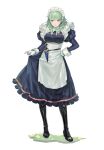  1girl boots breasts byleth_(fire_emblem) byleth_(fire_emblem)_(female) clothes_lift dagger fire_emblem fire_emblem:_three_houses full_body gloves green_eyes green_hair hair_between_eyes high_heel_boots high_heels highres knife lifted_by_self long_sleeves maid maid_headdress medium_hair neekosiah sheath sheathed simple_background skirt skirt_lift solo standing weapon white_background 