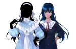  2girls black_hair black_skin blue_dress blue_eyes blue_hair colored_skin dorothy_(shadows_house) dress hairband hanasaki_nm long_hair long_sleeves multiple_girls red_ribbon ribbon shadow_(shadows_house) shadows_house simple_background smile white_background 