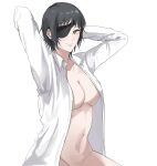  1girl arms_up bangs black_hair bottomless breasts chainsaw_man closed_mouth dress_shirt eyepatch gao_grrrr green_eyes highres himeno_(chainsaw_man) large_breasts looking_at_viewer naked_shirt open_clothes open_shirt shirt short_hair simple_background smile solo white_background white_shirt 