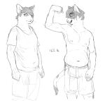  anthro black_hair bottomwear cettus clothed clothing domestic_cat felid feline felis flexing fur hair male mammal natan_osorio_suarez pants pudgy_belly shirt shorts sketch slightly_chubby solo standing topless topwear white_body white_fur 