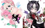  2girls 2pineapplepizza beret black_dress blue_bow blue_eyes blush bow butterfly_wings closed_mouth dress flower hat highres kuromi long_sleeves multicolored_hair multiple_girls my_melody purple_eyes sanrio see-through see-through_shirt short_hair smile white_hair wings 