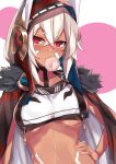  1girl absurdres azur_lane bangs blush bodypaint breast_curtain breasts brown_cape brown_hood bubble_blowing cape chewing_gum commentary_request crossed_bangs dark-skinned_female dark_skin dutch_angle facepaint fur-trimmed_cape fur_trim hair_between_eyes hand_on_hip high_ponytail highres hood hood_up long_hair looking_at_viewer medium_breasts minneapolis_(azur_lane) multicolored_cape multicolored_clothes nanakaku navel no_gloves red_cape red_eyes revealing_clothes solo underboob very_long_hair white_background white_cape white_hair 