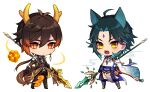  2boys animal_ears brown_hair brown_jacket brown_pants cat_ears cat_tail chibi earrings facial_mark forehead_mark genshin_impact gloves green_hair hair_between_eyes highres holding holding_polearm holding_weapon horns jacket jewelry kh66gs male_focus multicolored_hair multiple_boys open_mouth orange_eyes pants polearm single_earring tail weapon xiao_(genshin_impact) yellow_eyes zhongli_(genshin_impact) 