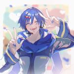  1boy ^_^ ^o^ attakaito_(vocaloid) blue_hair blue_nails blue_scarf blurry blurry_foreground closed_eyes coat hair_ornament hairpin headset heart heart_hair_ornament highres kaito_(vocaloid) linch long_sleeves male_focus nail_polish open_mouth scarf short_hair smile solo v vocaloid 