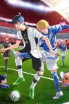  2boys absurdres ball beam_(chainsaw_man) black_hair black_shirt black_shorts blonde_hair blue_eyes blue_shirt blue_socks blurry blurry_background braid braided_ponytail chainsaw chainsaw_man clenched_teeth crotch_kick denji_(chainsaw_man) detached_sleeves earrings hair_over_one_eye hayakawa_aki highres holding holding_whistle horns jewelry kicking long_hair looking_at_another looking_down makima_(chainsaw_man) meme multiple_boys pink_hair pochita_(chainsaw_man) power_(chainsaw_man) red_hair red_horns sharp_teeth shirt shirt_half_tucked_in short_hair shorts sidelocks smile soccer soccer_ball soccer_field soccer_uniform socks sportswear stud_earrings sweat teeth thighhighs tokishima_sikuka topknot whistle white_shorts white_soccer_ball world_cup wristband yellow_eyes 