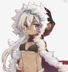 1girl azur_lane bangs bikini black_bikini bodypaint breasts brown_eyes cape closed_mouth commentary crossed_bangs dark-skinned_female dark_skin expressionless fur-trimmed_cape fur-trimmed_gloves fur_trim gloves hair_between_eyes hood hood_up hooded_cape long_hair looking_at_viewer medium_breasts midriff minneapolis_(azur_lane) minneapolis_(holy_night_ride)_(azur_lane) navel red_cape red_gloves simple_background solo swimsuit touka_13 upper_body very_long_hair white_background white_hair 
