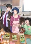  1girl 2boys :o apron bangs blue_hair bottle breasts chopsticks collarbone collared_shirt eating egg_(food) family father_and_son food frilled_apron frills green_shirt husband_and_wife jacket kitchen large_breasts long_hair long_sleeves looking_at_another mole mole_under_eye mother_and_son multiple_boys necktie one_eye_closed open_clothes open_jacket original pants pink_sweater red_necktie shiny shiny_hair shirt sink standing sweater table window yewang19 