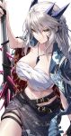  1girl absurdres alternate_costume artoria_pendragon_(fate) artoria_pendragon_(lancer_alter)_(fate) braid breasts fate/grand_order fate_(series) french_braid grey_hair hair_between_eyes herigaru_(fvgyvr000) highres horns large_breasts long_hair looking_at_viewer sidelocks solo thighs yellow_eyes 