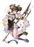  1girl axe bandaid bandaid_on_leg black_socks blue_eyes box_(hotpppink) breasts brown_hair china_dress chinese_clothes detached_sleeves double_bun dress flower_wreath full_body hair_bun hair_ornament hair_stick holding holding_axe holding_polearm holding_weapon kneehighs original polearm puffy_sleeves short_hair simple_background small_breasts socks tassel thighs v weapon white_background 