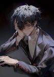  1boy amamiya_ren binxngchng1 black_hair black_jacket blood blood_on_face buttons gradient gradient_background grey_eyes hair_between_eyes hand_on_own_cheek hand_on_own_face highres injury jacket long_sleeves looking_at_viewer male_focus messy_hair parted_lips persona persona_5 shirt solo suit_jacket upper_body white_shirt 
