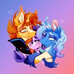  &lt;3 alzmariowolfe blue_eyes cape clothing cuddle_puddle embrace equid equine eyewear facial_hair female friendship_is_magic glasses group group_hug hasbro hi_res hooves horn hug male mammal my_little_pony purple_eyes starlight_glimmer_(mlp) sunburst_(mlp) trio trixie_(mlp) unicorn 