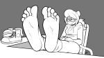  5_toes absurd_res anthro clothing eyewear feet feet_up female foot_focus glasses greyscale hi_res hoodie humanoid_feet lettuce_(artist) mammal monochrome mouse murid murine rodent shoes_removed sitting soles solo tatiana_(sorcererlance) toes topwear 