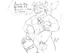  2017 anthro balls bell belly big_dildo black_and_white blush bovid bovine bow_ribbon cattle chastity_cage chastity_device christmas clothing collar dialogue dildo ears_down genitals holidays horn legwear male mammal monochrome muscular navel nude orthank pecs penis pivoted_ears plaguedobsession potheplatypus sex_toy solo speech_bubble standing stockings submissive submissive_male wide_eyed 