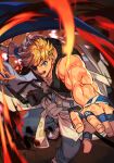  1boy belt black_shirt blonde_hair blue_eyes blue_pants cross english_text eyepatch flag guilty_gear guilty_gear_strive hungry_clicker male_focus muscular muscular_male open_mouth outstretched_arm pants ringed_eyes shirt short_hair sin_kiske 