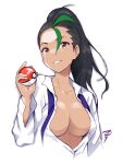  1girl black_hair breasts collared_shirt dark_skin dress_shirt freckles green_hair hair_between_eyes hair_pulled_back holding holding_poke_ball large_breasts long_hair long_sleeves looking_at_viewer multicolored_hair necktie nemona_(pokemon) no_bra open_clothes open_shirt orange_eyes parted_lips poke_ball poke_ball_(basic) pokemon pokemon_(game) pokemon_sv ponytail shirt simple_background solo streaked_hair undone_necktie white_background white_shirt yamasaki_wataru 