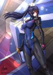  1girl adsouto arms_at_sides blue_hair bodysuit breasts covered_navel covered_nipples fortified_suit hair_ribbon headgear highres holding holding_sword holding_weapon impossible_bodysuit impossible_clothes katana long_hair looking_to_the_side mecha medium_breasts mitsurugi_meiya muvluv muvluv_alternative ponytail ribbon robot signature skin_tight solo standing sword weapon 
