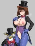  1girl bird black_eyes blush bow bowtie breasts breasts_out breath brown_hair buttons cleft_of_venus closed_mouth crotchless duel_monster embarrassed fingering gloves gozaru gradient gradient_background grey_background groin hand_on_hip hand_up hat height_difference highres jacket large_breasts legs looking_at_viewer mazaki_anzu naughty_face navel nightmare_penguin nipples no_panties penguin pussy pussy_juice short_hair simple_background smile standing thighs tongue tongue_out top_hat uncensored wet yu-gi-oh! yu-gi-oh!_duel_monsters 
