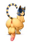  2022 animal_crossing ankha_(animal_crossing) anthro anus artist_name backsack balls big_balls big_penis blue_eyes blue_hair breasts butt crossgender crouching domestic_cat felid feline felis ftg_crossgender fti_crossgender genitals gynomorph hair hi_res humanoid_genitalia humanoid_penis intersex looking_at_viewer looking_back looking_back_at_viewer mammal marblesoda markings nintendo nude penis perineum raised_tail short_hair side_boob simple_background solo striped_markings striped_tail stripes tail_markings uraeus video_games white_background 