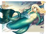  1girl 2020 absurdres artist_name aurelion_sol_(league_of_legends) bangs black_sclera blonde_hair border breasts clenched_hand collarbone colored_sclera colored_skin fins green_skin highres large_breasts league_of_legends long_hair lying nami_(league_of_legends) ocean on_side orange_eyes outdoors parted_lips pussy slit_pupils smile solo_focus teeth velvet_queen_h water white_border 