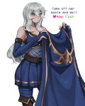  1girl absurdres ashe_(league_of_legends) bangs bare_shoulders belt blue_cape blue_eyes blue_pants blue_skirt breasts brown_belt brown_footwear cape cape_removed cookie3w3 cowboy_shot elbow_gloves frown gloves grey_hair hair_between_eyes highres holding hood hooded_cape large_breasts league_of_legends long_hair pants pleated_skirt shiny shiny_hair simple_background skirt solo twitter_strip_game white_background 