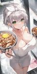  1girl bangs bare_shoulders bow_hairband bowl breasts chopsticks cleavage closed_mouth collarbone cowboy_shot egg food green_eyes grey_hair hairband highres holding holding_bowl holding_food hololive indoors large_breasts looking_at_viewer myung_yi naked_towel shirogane_noel short_hair sidelocks smile solo thighs towel virtual_youtuber wet wet_hair white_hairband white_towel 