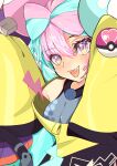  1girl :3 aqua_hair bangs bare_shoulders black_jacket bow-shaped_hair breasts character_hair_ornament eyelashes grey_shirt hair_ornament hexagon_print highres iono_(pokemon) jacket lightning_bolt_symbol long_sleeves looking_at_viewer magnemite matthew._(mat634) multicolored_clothes multicolored_hair multicolored_jacket open_mouth oversized_clothes pink_eyes pink_hair poke_ball pokemon pokemon_(game) pokemon_sv sharp_teeth shirt sleeveless sleeveless_shirt sleeves_past_fingers sleeves_past_wrists solo split-color_hair teeth two-tone_hair two-tone_jacket very_long_sleeves wide_sleeves x yellow_jacket 