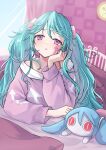  1girl absurdres aimaina arrow_print bangs blanket blue_hair blush character_doll clock facial_mark half-closed_eyes hand_on_own_cheek hand_on_own_face hatsune_miku highres long_hair long_sleeves lying messy_hair nagitofuu off-shoulder_shirt off_shoulder on_bed on_stomach pill_hair_ornament purple_eyes shirt slow_motion_(vocaloid) solo stuffed_toy twintails under_covers very_long_hair vocaloid window 