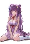  1girl bangs bare_shoulders between_legs blue_eyes blunt_bangs breasts cleavage crescent crescent_pin double_bun dress expressionless hair_bun hand_between_legs highres large_breasts long_hair looking_at_viewer patchouli_knowledge purple_dress purple_hair red_ribbon reddizen ribbon sidelocks sitting sketch socks solo striped striped_dress touhou wariza white_background white_socks 