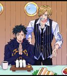  2boys black_hair blonde_hair blue_eyes cigarette coffee dinner earrings facial_hair food fur_collar grin hair_over_one_eye highres indoors jewelry long_sleeves multiple_boys necktie one_piece onigiri palms_together sandwich sanji_(one_piece) smile trafalgar_law vest vest_over_shirt yakumo_(ykm) yellow_eyes 