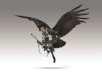  1girl asterisk_kome bird_tail bird_wings black_hair black_wings bren_lmg brown_eyes dark-skinned_female dark_skin flying gloves grey_background gun highres holding holding_gun holding_weapon light_machine_gun low_wings marut_(winged_fusiliers) military rifle short_hair signature simple_background tail weapon winged_fusiliers wings 