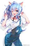  1girl ;d animal_ear_fluff animal_ears bangs blue_eyes blue_hair blue_nails blue_overalls bra_strap breasts cat_ears cat_tail choker claw_pose commentary_request cowboy_shot hair_between_eyes halterneck hololive hong_(white_spider) hoshimachi_suisei long_hair looking_at_viewer medium_breasts one_eye_closed overalls purple_choker revision shirt short_sleeves side_ponytail signature simple_background smile solo standing star_(symbol) star_in_eye symbol_in_eye tail virtual_youtuber white_background white_shirt 